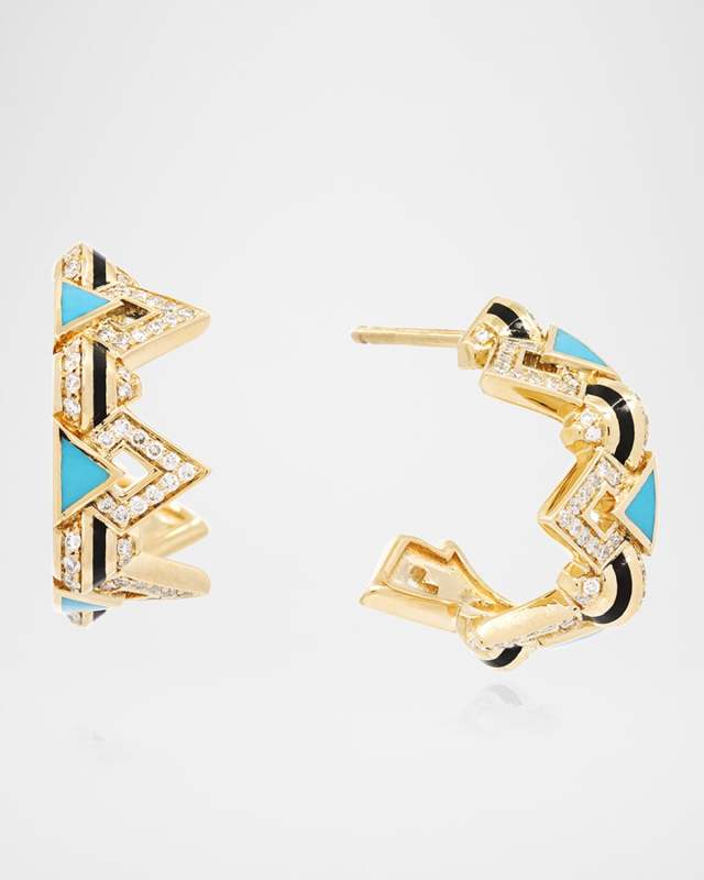 18K Yellow Gold Mosaic Earrings with Turquoise HyCeram and Diamonds